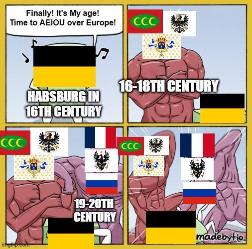 Finally! It's My age! Time to AEIOU over Europe! CCC CCC HABSBURG IN 16TH CENTURY 16-18TH CENTURY imgflip.com 19-20TH CENTURY CCC madebytio