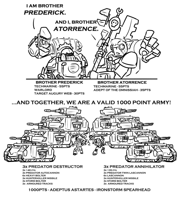 I AM BROTHER PREDERICK. AND I, BROTHER ATORRENCE. BROTHER PREDERICK TECHMARINE - 55PTS WARLORD TARGET AUGURY WEB-30PTS BROTHER ATORRENCE TECHMARINE - 55PTS ADEPT OF THE OMNISSIAH - 35PTS ...AND TOGETHER, WE ARE A VALID 1000 POINT ARMY! FIN VLV 3x PREDATOR DESTRUCTOR 3x 140 PTS 3x PREDATOR AUTOCANNON 6x HEAVY BOLTER 3x HUNTER-KILLER MISSILE 3x STORM BOLTER 3x ARMOURED TRACKS 3x PREDATOR ANNIHILATOR 3x 135 PTS 3x PREDATOR TWIN LASCANNON 6x LASCANNON 3x HUNTER-KILLER MISSILE 3x STORM BOLTER 3x ARMOURED TRACKS 1000PTS-ADEPTUS ASTARTES - IRONSTORM SPEARHEAD www