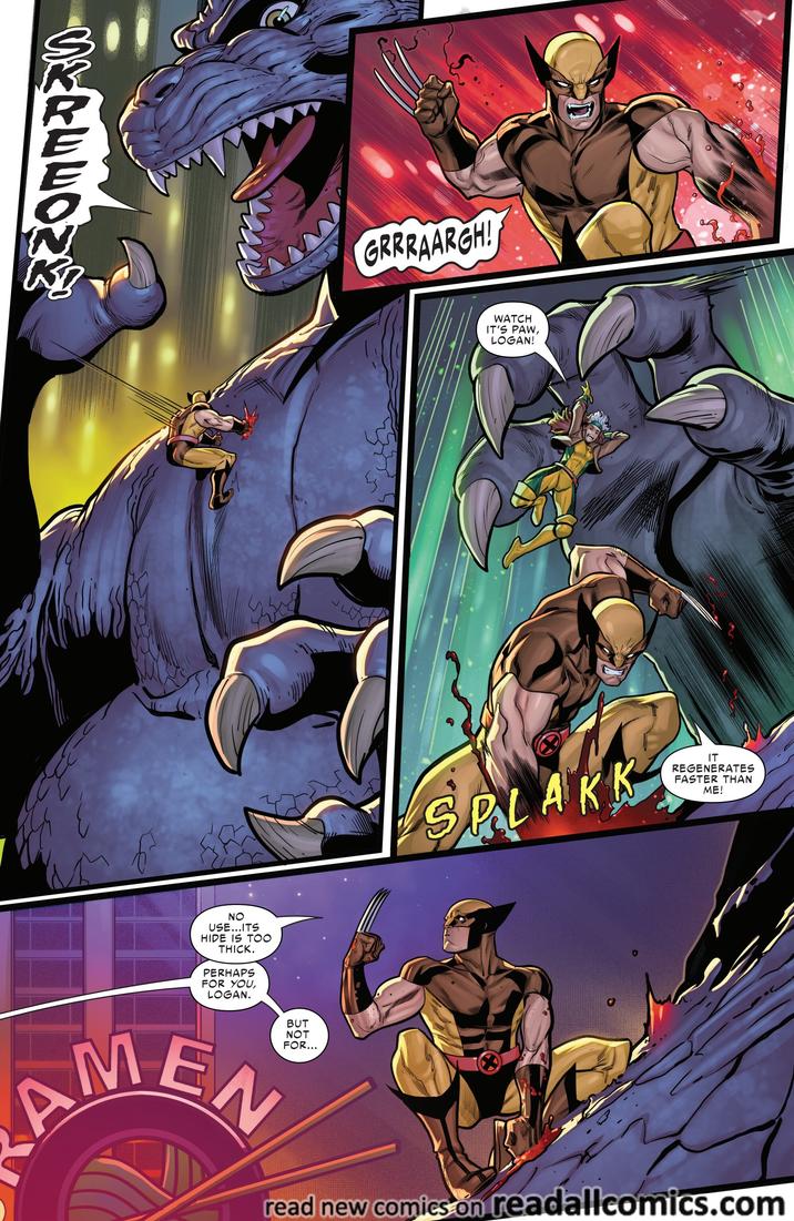 A ふんのヨヨとどう R NO USE...ITS HIDE IS TOO THICK. PERHAPS FOR YOU, LOGAN. GRRRAARGH! WATCH IT'S PAW, LOGAN! SPLAKK IT REGENERATES FASTER THAN ME! MEN BUT NOT FOR... read new comics on readallcomics.com