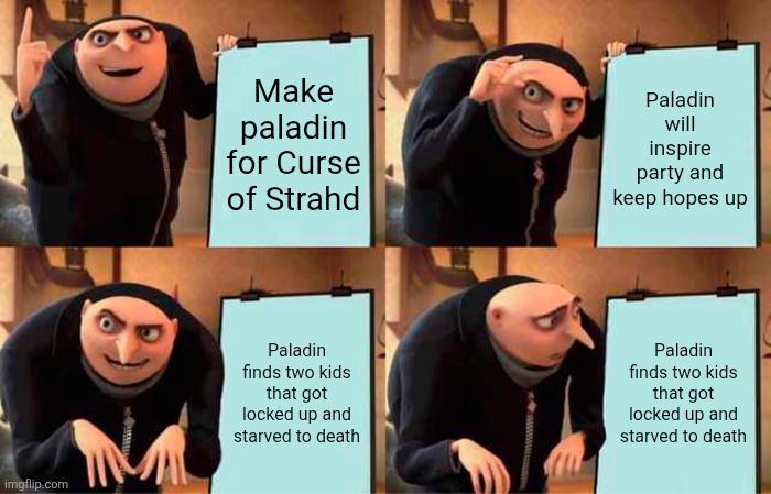 imgflip.com Make paladin for Curse of Strahd Paladin will inspire party and keep hopes up Paladin finds two kids that got locked up and starved to death Paladin finds two kids that got locked up and starved to death