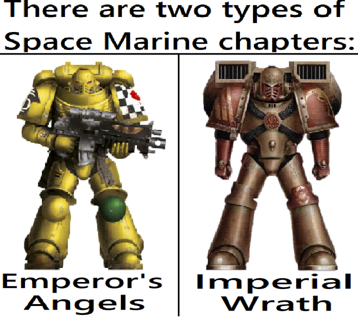 There are two types of Space Marine chapters: Emperor's Imperial Angels Wrath