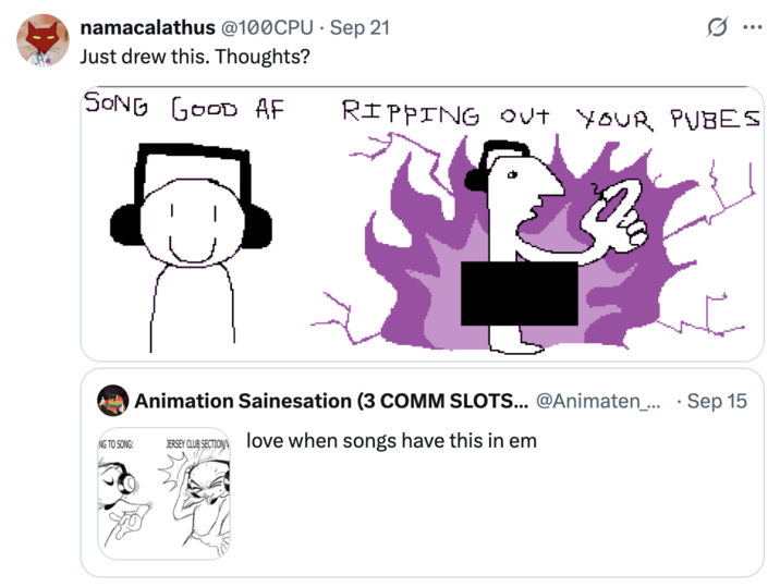 A "parody":https://knowyourmeme.com/memes/cultures/parody-spoof "webcomic":https://knowyourmeme.com/memes/cultures/webcomics of the "Jersey Club Section/Variant" comic from "Twitter / X":https://knowyourmeme.com/memes/sites/twitter-x user @Animaten_Saine.