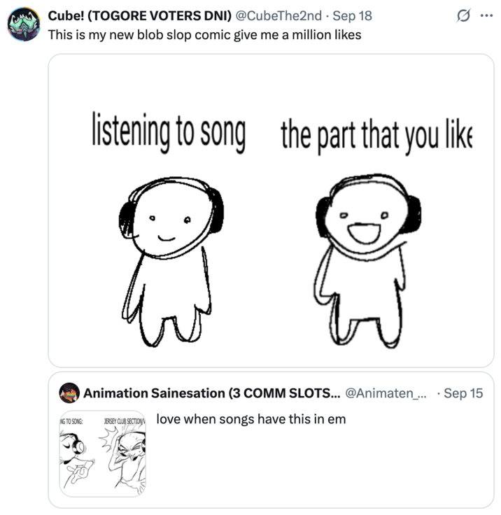 A "parody":https://knowyourmeme.com/memes/cultures/parody-spoof "webcomic":https://knowyourmeme.com/memes/cultures/webcomics of the "Jersey Club Section/Variant" comic from "Twitter / X":https://knowyourmeme.com/memes/sites/twitter-x user @Animaten_Saine.