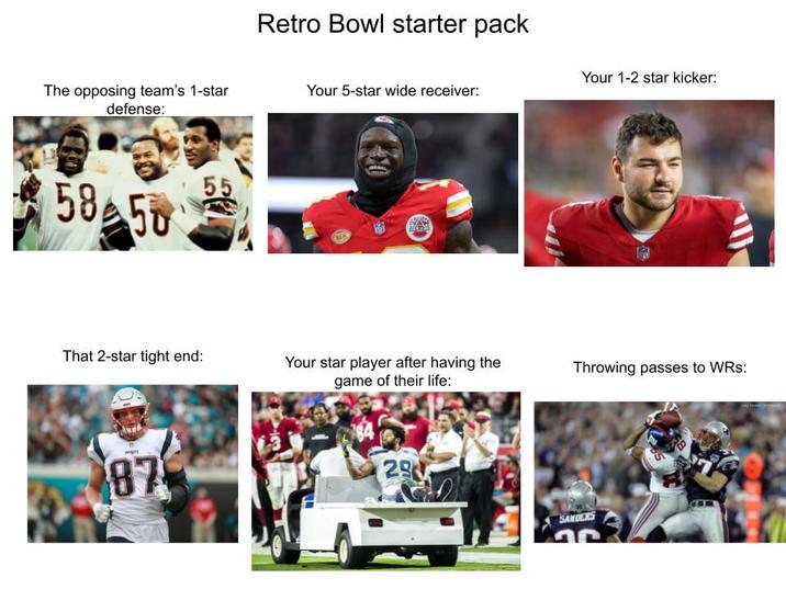 The opposing team's 1-star defense: 58 50 55 Retro Bowl starter pack Your 5-star wide receiver: Your 1-2 star kicker: That 2-star tight end: Your star player after having the game of their life: Throwing passes to WRs: 87 290 SANDERS