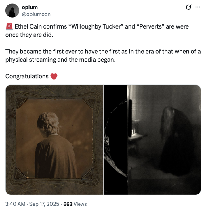 The earliest known post featuring the nonsensical phrase, "Are were once they are did" is a September 17th, 2025 post by @opiumoon that read, "🚨 Ethel Cain confirms “Willoughby Tucker” and “Perverts” are were once they are did. They became the first ever to have the first as in the era of that when of a physical streaming and the media began. Congratulations ❤️" The post gathered over 11 likes in a week.