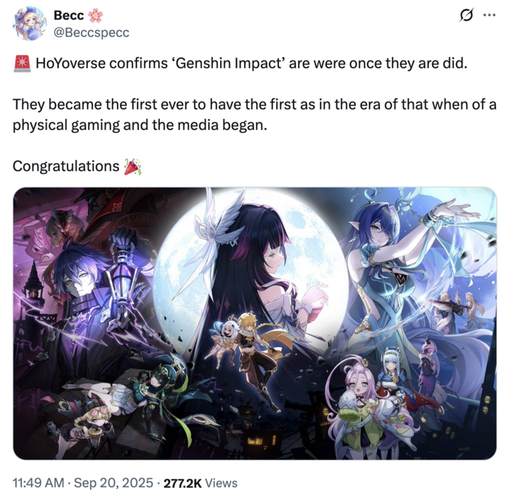 X user @BeccSpecc tweeted, "🚨 HoYoverse confirms ‘Genshin Impact’ are were once they are did. They became the first ever to have the first as in the era of that when of a physical gaming and the media began. Congratulations 🎉"