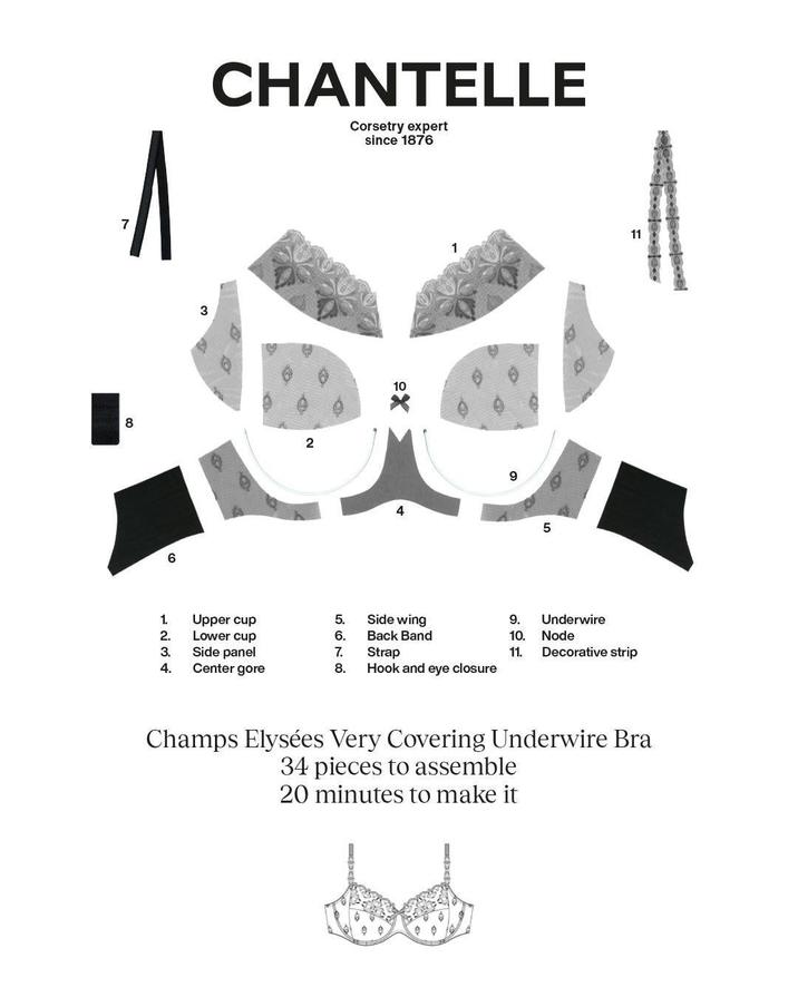 7 3 CHANTELLE Corsetry expert since 1876 8 2 6 10 4 9 5 11 1234 Upper cup 5. Side wing 9. Lower cup Side panel 6. Back Band 10. Underwire Node 7. Strap 11. Decorative strip 4. Center gore 8. Hook and eye closure Champs Elysées Very Covering Underwire Bra 34 pieces to assemble 20 minutes to make it