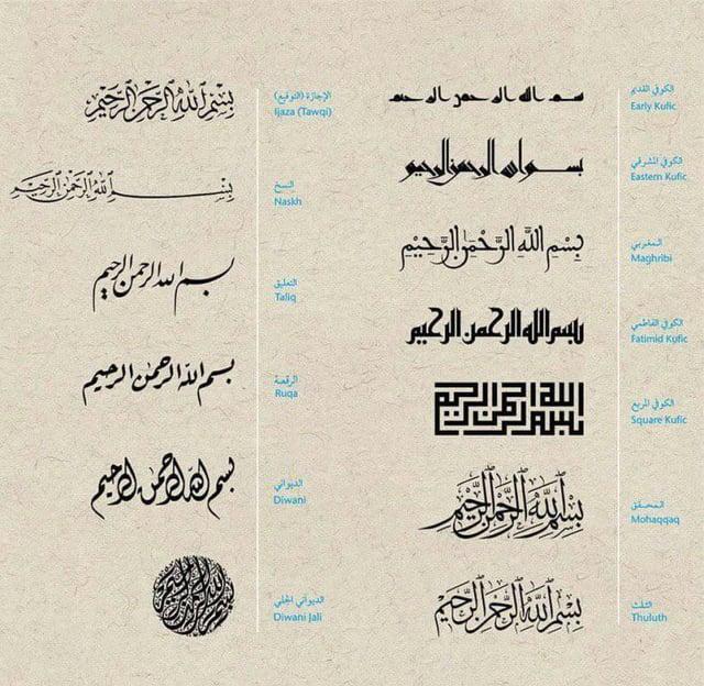 الرقعة بسم الله الرحمن الرحيم الله الرحمن الرحيم بسم اله الزمن الرحيم بسم الله الرحمن الرحيم بسم الفذلك من الرحيم الكوف القديم سم الله المحمر بالمسلم الإجازة (التوقيع) Early Kufic الكوفي المشرقي Eastern Kufic المغربي Maghribi الكولي الفاطمي Fatimid Kufic الكوفي المربع Square Kufic المحقق Mohaqqaq فلك Thuluth بسواس الرحمن الرحيم بسم الله الرحمن الرحيم ببسم الله الرحمن الرحيم ريم سلية العالم بسم الله الحر الرحيم ljaza (Tawqi) Naskh التعليق Taliq Ruga الديواني Diwani الديواني الجلي Diwani Jali