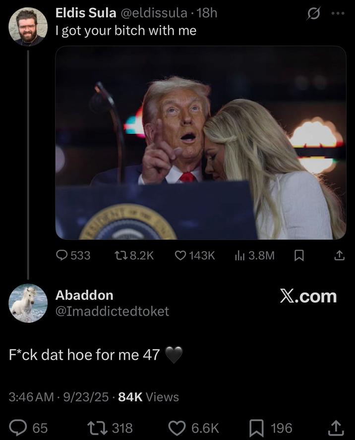 A reply to the "tweet":https://knowyourmeme.com/memes/sites/twitter-x from user @eldissula, who captioned an image of "Donald Trump":https://knowyourmeme.com/memes/people/donald-trump pointing up at the sky while embracing Erika Kirk.