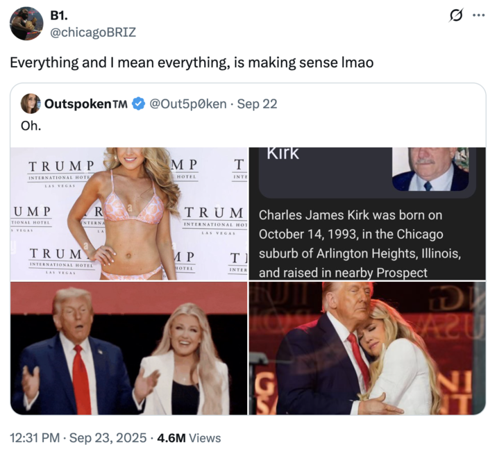 Everything and I mean everything, is making sense lmao A "quote-tweet":https://knowyourmeme.com/memes/quote-retweets-qrts about "Donald Trump":https://knowyourmeme.com/memes/people/donald-trump and Erika Kirk possibly being romantically involved following the "death of her husband Charlie Kirk":https://knowyourmeme.com/memes/events/charlie-kirk-shooting-at-utah-valley-university.