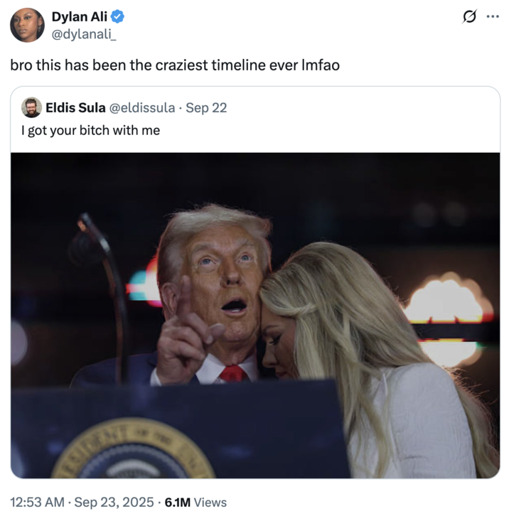 bro this has been the craziest timeline ever lmfao A "tweet":https://knowyourmeme.com/memes/sites/twitter-x about "Donald Trump":https://knowyourmeme.com/memes/people/donald-trump and Erika Kirk possibly being romantically involved following the "death of her husband Charlie Kirk":https://knowyourmeme.com/memes/events/charlie-kirk-shooting-at-utah-valley-university.