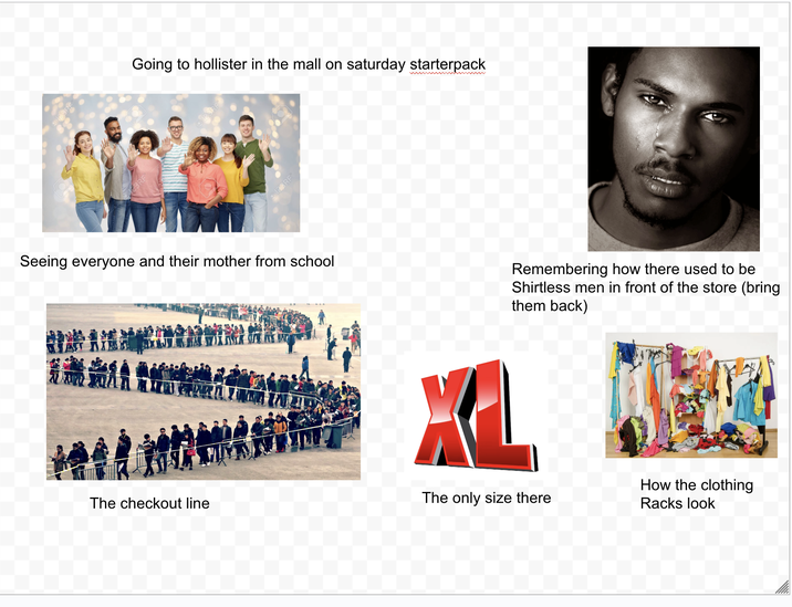 Going to hollister in the mall on saturday starterpack 123RF Seeing everyone and their mother from school Remembering how there used to be Shirtless men in front of the store (bring them back) XL The checkout line The only size there How the clothing Racks look