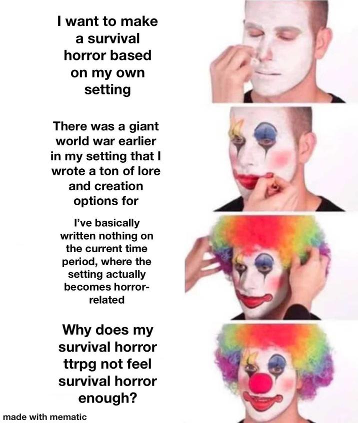 I want to make a survival horror based on my own setting There was a giant world war earlier in my setting that I wrote a ton of lore and creation options for I've basically written nothing on the current time period, where the setting actually becomes horror- related Why does my survival horror ttrpg not feel survival horror enough? made with mematic