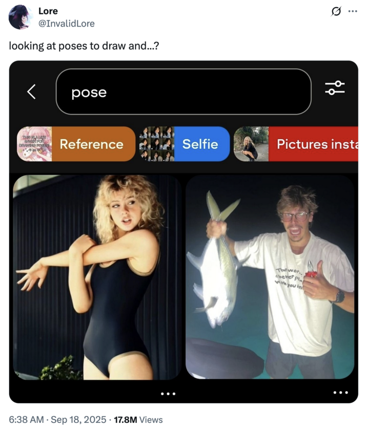 X user @InvalidLore tweeted a screenshot from Pinterest, showing a young blonde woman flexing and stretching her arm and a young bespectacled man holding up a large fish while giving a thumbs up. The post was captioned, "looking at poses to draw and...?" and gathered over 17 million views and 200,000 likes in a week.