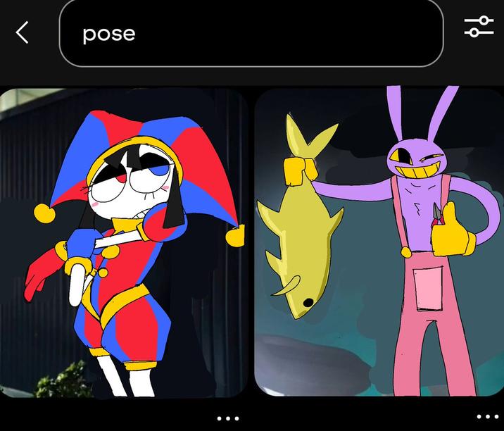 X user @LPSWaffle344 tweeted artwork inspired by @InvalidLore's pose reference post, drawing Pomni and Jax from _The Amazing Digital Circus_. 