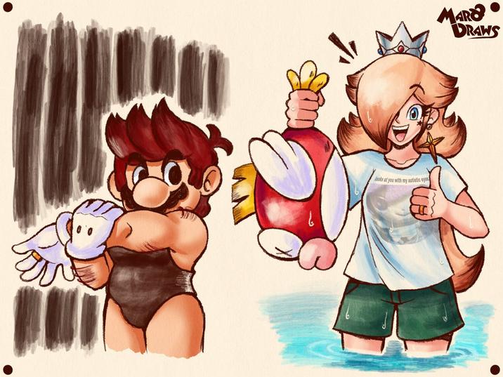 X user @MaroDraws posted artwork inspired by @InvalidLore's pose reference post, drawing Mario stretching in a leotard and Rosalina holding up a fish while giving a thumbs up. The post gathered over 21,000 likes in five days.