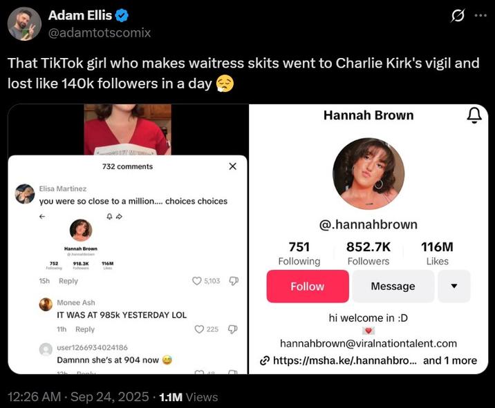 Hannah Brown Loses Followers Screenshots showing Hannah Brown's loss of followers from the Charlie Kirk controversy.