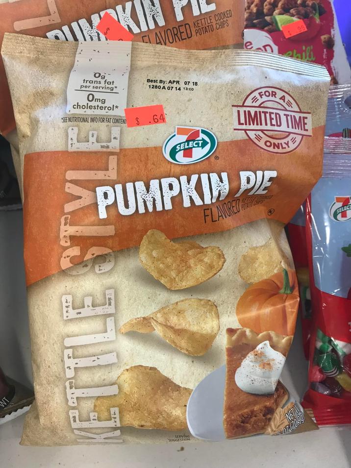 UMKIN FLAVORED KETTLE COOKED POTATO CHIPS en $ .99 hili Og trans fat per serving* Omg cholesterol* SEE NUTRITIONAL INFO FOR FAT CONTENT Best By: APR 07 18. 1280 A 07 14 13:00 .64 SELECT FOR A LIMITED TIME ONLY PUMPKIN DIE ETTLE STYLE SERVING SUGGESTION FLAVORED NET W OZ (70.99) SELECT