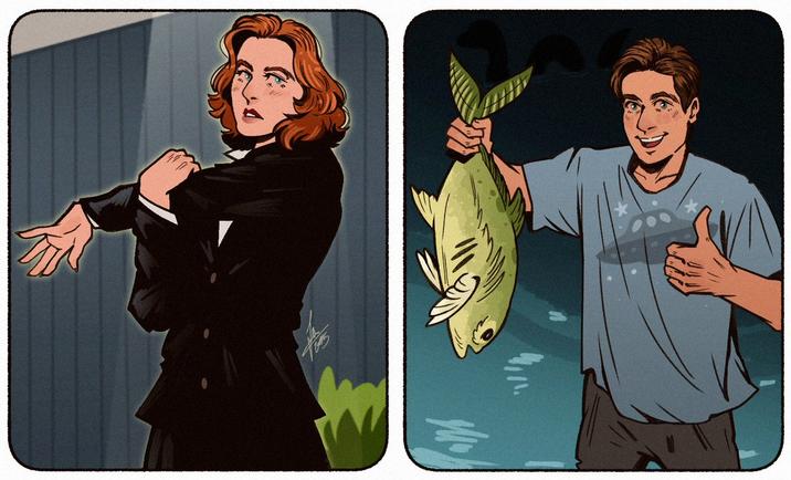 X user @schumisnoopy posted artwork featuring Scully and Mulder from _X Files_, writing, "thought of scully and mulder instantly."