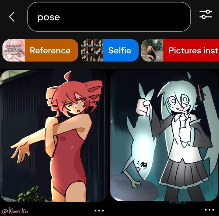 X user @koafreedraw posted fan art featuring Teto and Hatsune Miku, taking inspiration from a pose reference showing a girl stretching and a guy holding up a giant fish. 