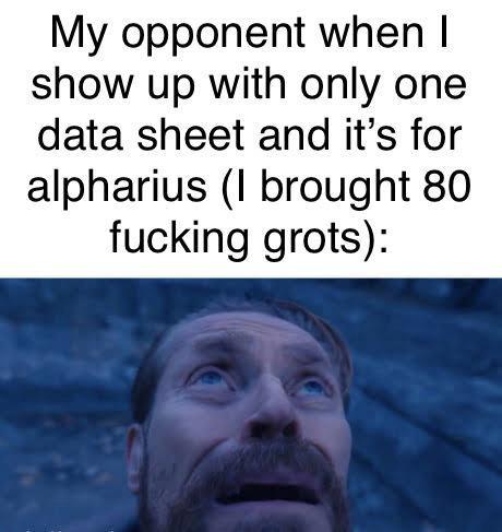 My opponent when I show up with only one data sheet and it's for alpharius (I brought 80 f------ grots):