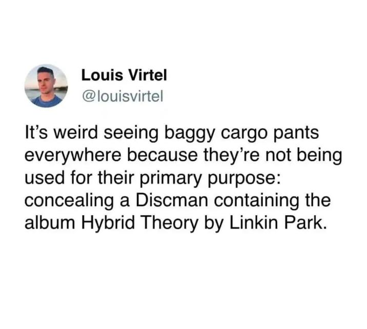 Louis Virtel @louisvirtel It's weird seeing baggy cargo pants everywhere because they're not being used for their primary purpose: concealing a Discman containing the album Hybrid Theory by Linkin Park.