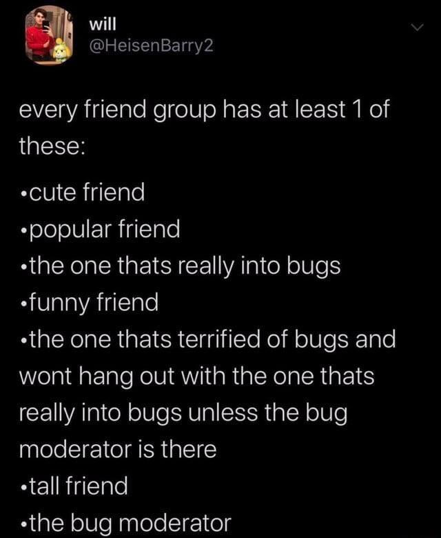 will @HeisenBarry2 every friend group has at least 1 of these: ⚫cute friend •popular friend ⚫the one thats really into bugs ⚫funny friend ⚫the one thats terrified of bugs and wont hang out with the one thats really into bugs unless the bug moderator is there ⚫tall friend ⚫the bug moderator