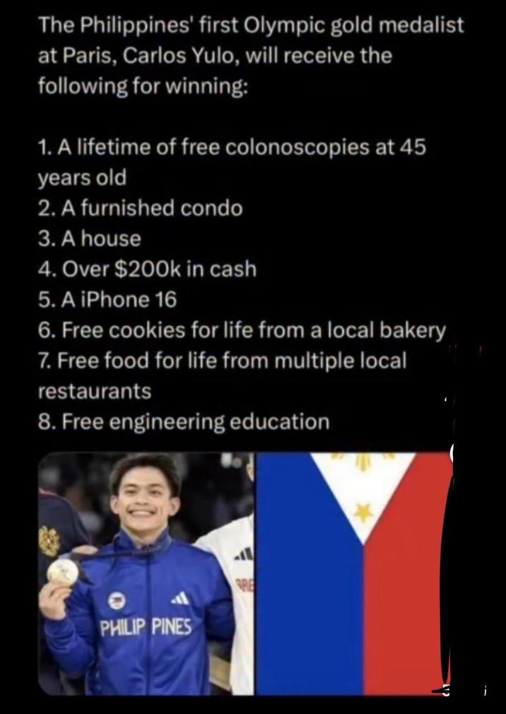 The Philippines' first Olympic gold medalist at Paris, Carlos Yulo, will receive the following for winning: 1. A lifetime of free colonoscopies at 45 years old 2. A furnished condo 3. A house 4. Over $200k in cash 5. A iPhone 16 6. Free cookies for life from a local bakery 7. Free food for life from multiple local restaurants 8. Free engineering education PHILIP PINES RE