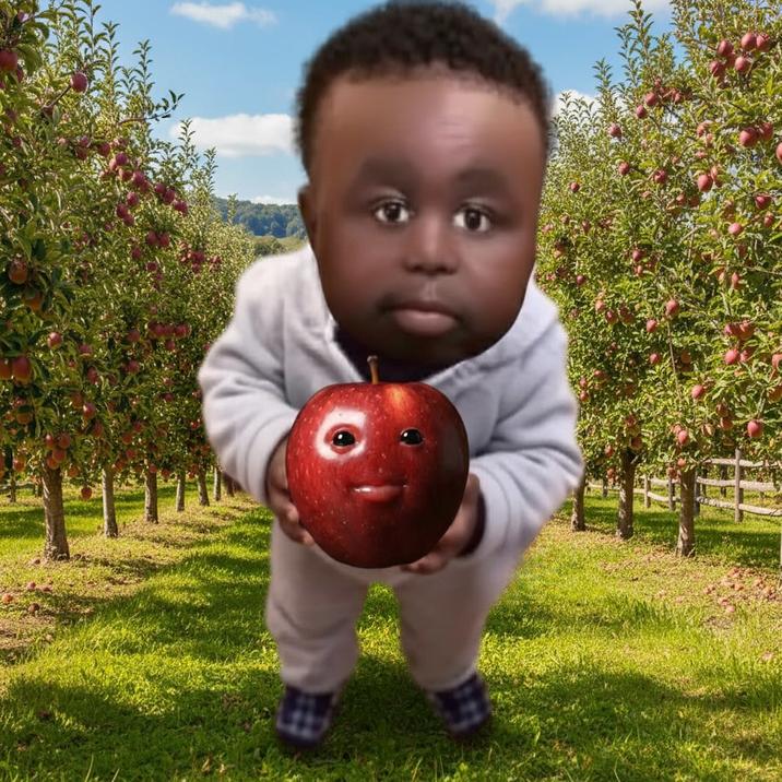Montgomery Swizzenbocher holding the apple from the "Niche Fruits":https://knowyourmeme.com/memes/ai-fruits-eating-themselves-niche-fruit "meme":https://knowyourmeme.com/memes/memes.