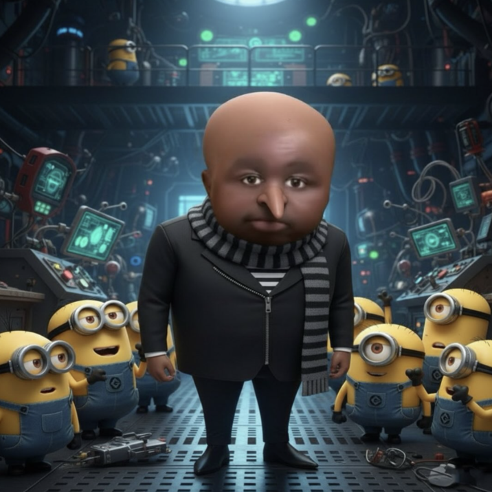 An edit of Montgomery Swizzenbocher as Gru from "_Despicable Me_":https://knowyourmeme.com/memes/subcultures/despicable-me, seen standing with a group of "Minions":https://knowyourmeme.com/memes/minions.