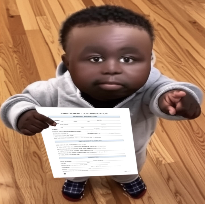 An edit of Montgomery Swizzenbocher handing the viewer a "Job Application Form":https://knowyourmeme.com/memes/job-application-form.