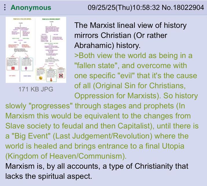 Anonymous MAR AS A FALLES ANGEL MAR AS A RISING BEAST en we BERT WON 171 KB JPG 09/25/25(Thu)10:58:32 No.18022904 The Marxist lineal view of history mirrors Christian (Or rather Abrahamic) history. >Both view the world as being in a "fallen state", and overcome with one specific "evil" that it's the cause of all (Original Sin for Christians, Oppression for Marxists). So history slowly "progresses" through stages and prophets (In Marxism this would be equivalent to the changes from Slave society to feudal and then Capitalist), until there is a "Big Event" (Last Judgement/Revolution) where the world is healed and brings entrance to a final Utopia (Kingdom of Heaven/Communism). Marxism is, by all accounts, a type of Christianity that lacks the spiritual aspect.