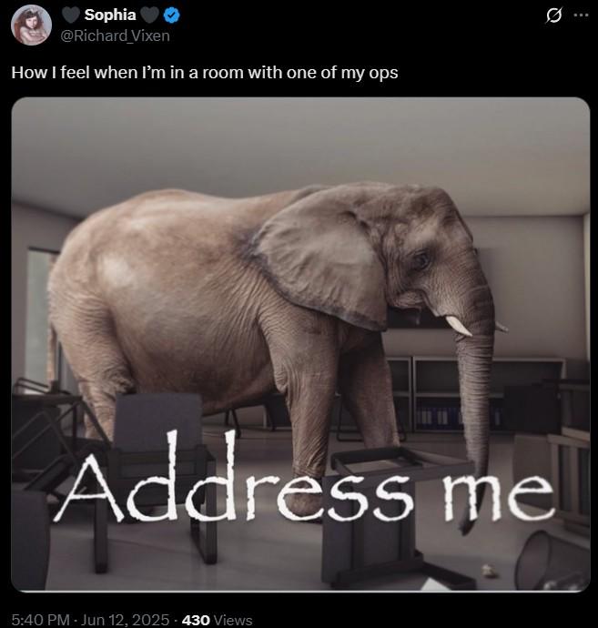A meme reading "How I feel when I’m in a room with one of my ops." The meme shares an image of an elephant in a room.