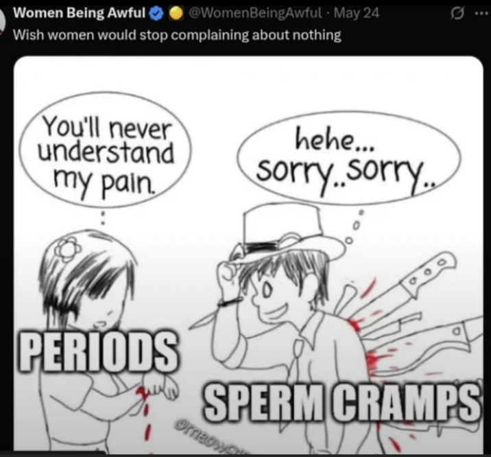Women Being Awful @WomenBeingAwful • May 24 Wish women would stop complaining about nothing You'll never understand my pain hehe... sorry..sorry.. PERIODS SPERM CRAMPS Orneow
