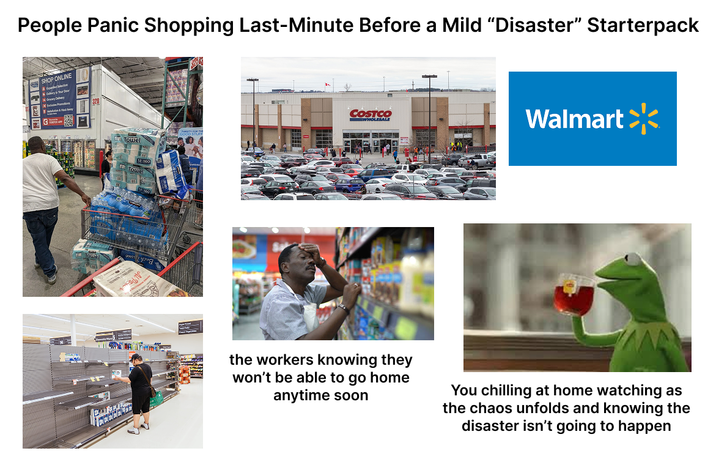 People Panic Shopping Last-Minute Before a Mild "Disaster" Starterpack SHOP ONLINE Ocay Delivery con Towel 12 160 Towe T COSTCO WHOLESALE Walmart the workers knowing they won't be able to go home anytime soon You chilling at home watching as the chaos unfolds and knowing the disaster isn't going to happen