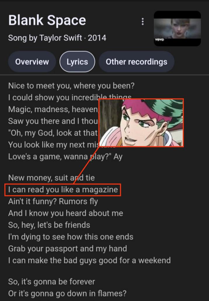 Blank Space Song by Taylor Swift. 2014 vevo Overview Lyrics Other recordings Nice to meet you, where you been? I could show you incredible things Magic, madness, heaven, Saw you there and I thou "Oh, my God, look at that You look like my next mis Love's a game, wanna play?" Ay New money, suit and tie I can read you like a magazine Ain't it funny? Rumors fly And I know you heard about me So, hey, let's be friends I'm dying to see how this one ends Grab your passport and my hand I can make the bad guys good for a weekend So, it's gonna be forever Or it's gonna go down in flames?