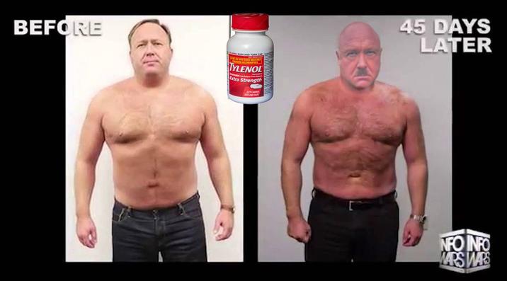 X user @FuknSlammer posted an edit of Alex Jones's health supplement advertisement, showing the "before" and "after" of him sporting a mustache. The post gathered over 2,000 likes in a day.