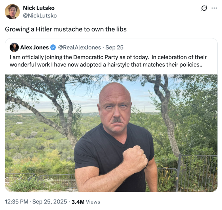 X user @NickLutsko tweeted, "growing a Hitler stache to own the libs," gathering over 3.4 million views and 170,000 likes in a day.