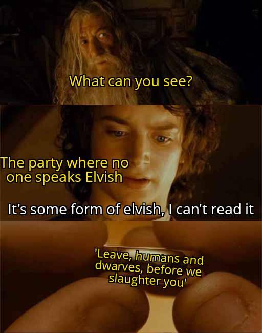 What can you see? The party where no one speaks Elvish It's some form of elvish, I can't read it 'Leave, humans and dwarves, before we slaughter you'