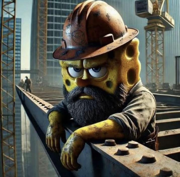 Tired Construction Worker SpongeBob An AI generated image of SpongeBob as a blue collar worker. He is working construction.