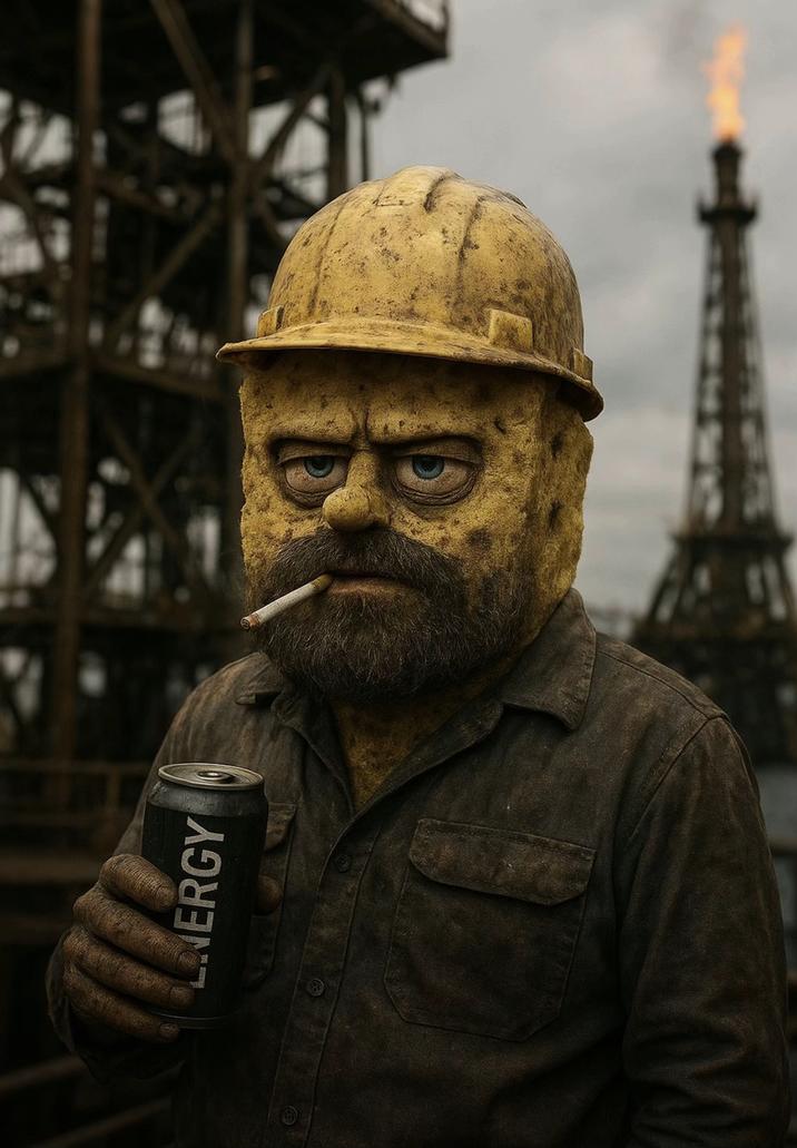 An AI generated image of SpongeBob as a blue collar worker. He is drinking an energy drink on the job site.