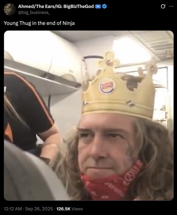 A "tweet":https://knowyourmeme.com/memes/sites/twitter-x comparing "Young Thug":https://knowyourmeme.com/memes/people/young-thug at the end of his song "Ninja" to the "JetBlue Racist Burger King":https://knowyourmeme.com/memes/jetblue-racist-burger-king.