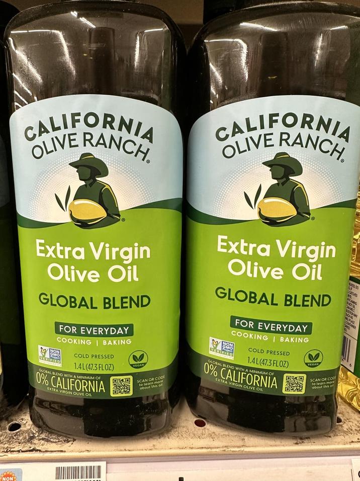 CAVE RANCH OLIVE RANCH Extra Virgin Olive Oil GLOBAL BLEND FOR EVERYDAY COOKING BAKING NON GMO Project VERIFIED COLD PRESSED 1.4L (47.3 FLOZ) GLOBAL BLEND WITH A MINIMUM OF 0% CALIFORNIA EXTRA VIRGIN OLIVE OIL VEGAN SCAN OR CODE to learn more about this oll Extra Virgin Olive Oil GLOBAL BLEND FOR EVERYDAY COOKING | BAKING NON GMO VERIFIE roject RIFIED COLD PRESSED GLOBAL BLEND WITH A MINIMUM OF 1.4L (47.3 FLOZ) 0% CALIFORNIA EXTRA VIRGIN OLIVE OIL 回家回 回亞 VEGAN EATED DO LCATCHES KL ARAMANG RHOTOL CAMELT BUSTION MA CHAS SCAN OR CODE to learn more about this ol NG PLACE LOONTANER SVED NON?