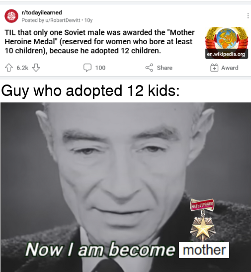 r/todayilearned Posted by u/Robert Dewitt. 10y TIL that only one Soviet male was awarded the "Mother Heroine Medal" (reserved for women who bore at least 10 children), because he adopted 12 children. 6.2k 100 Share Guy who adopted 12 kids: en.wikipedia.org Award (МАТЬ ГЕРОЖЕР Now I am become mother