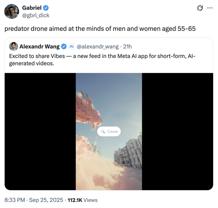 X user @gbrl_dick reacted to the launch of the Meta AI "Vibes" feed, writing, "predator drone aimed at the minds of men and women aged 55-65."