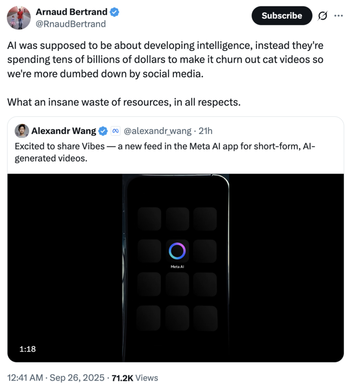 X user @RnaudBertrand tweeted, "AI was supposed to be about developing intelligence, instead they're spending tens of billions of dollars to make it churn out cat videos so we're more dumbed down by social media. What an insane waste of resources, in all respects."