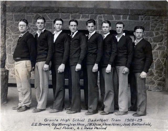 Granite High School Basketball Team 1928-29 E.E. Brown, Guy Morris, Ivan Rose, J.W.Rose, Rene Hines, Jack Battenfield, Emil Polaski, & L. Owen Penrod