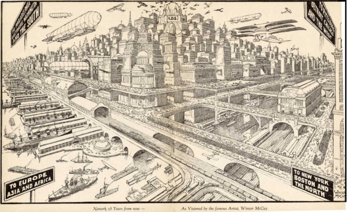 TO EUROPE ASIA AND AFRICA K.D.S. Newark 58 Years from now- As Visioned by the famous Artist, Winsor McCay DETROIT CHICHES AND THE WEST TO NEW YORK BOSTON AND WIN SU THE NORTH CA