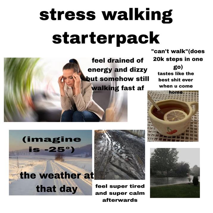 stress walking starterpack feel drained of energy and dizzy but somehow still walking fast af "can't walk" (does 20k steps in one go) tastes like the best s--- ever when u come home (imagine is -25°) the weather at "Медиа "Салолаккие #HeKaw Hope #Артемон Маке that day feel super tired and super calm afterwards