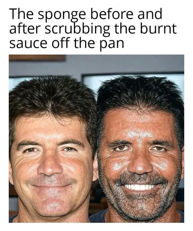 The sponge before and after scrubbing the burnt sauce off the pan
